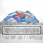 陈熹, “机器人在树林后，树林在圆角长方形后, ” 针管笔和水彩在fabriano纸上，70 x 100cm, 2013