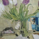 Still Lifes: Wild Ducks and Swans Arrive Frankfurt, ink, watercolor, mineral pigment, tea water, gold powder, xuan paper, 356 x 33 cm, 2012