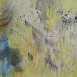 What is Revealed by the Tide No.2 (detail), ink, watercolor, mineral pigment, tea water, gold powder, xuan paper, 520 x 33 cm, 2012